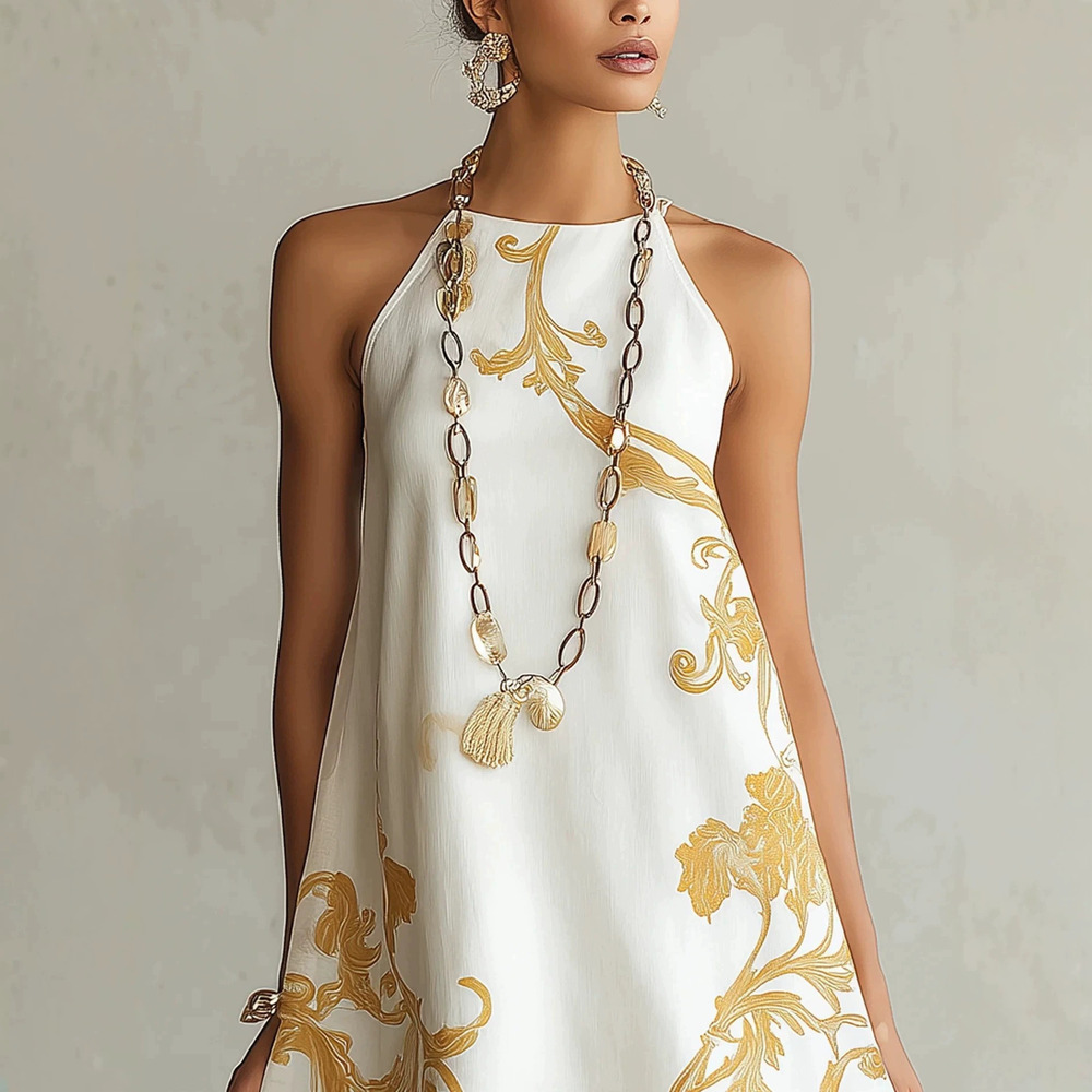 H&M Gold Vine Print Halter Neck Dress With Lace Trim In Stock